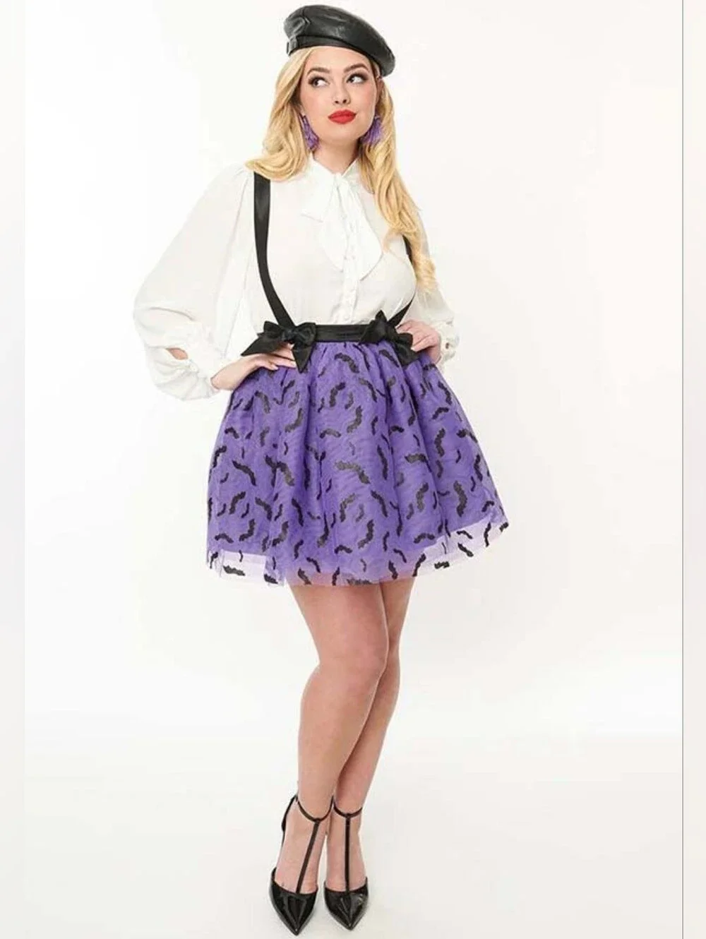 NWT XL Unique Vintage Glitter Bat Mini Skirt Suspenders Purple Black Halloween